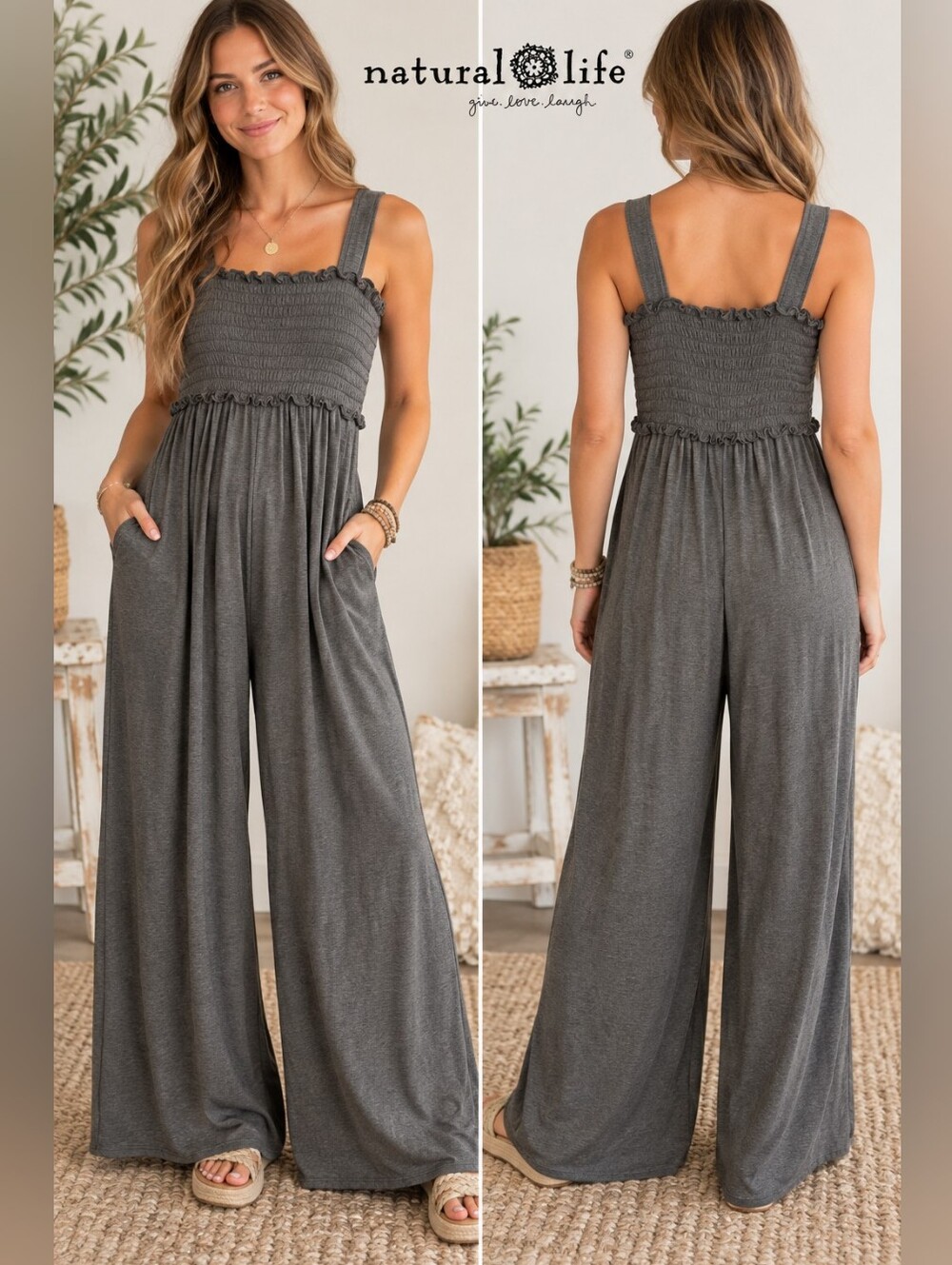 Natural Life Gray Smocked Wide Leg Jumpsuit L/XL Boho Stretchy One Piece